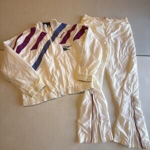 Vintage 90.s Reebok Nylon Tracksuit White Purple Blue Windbreaker Pants Set Med